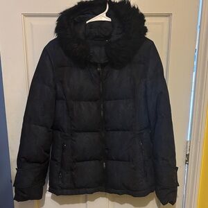 Calvin Klein Dark Puffer Jacket with Faux Fur Trim